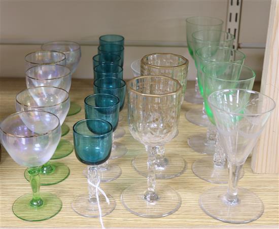 A collection of green bowled glasses and other glasses tallest 15cm